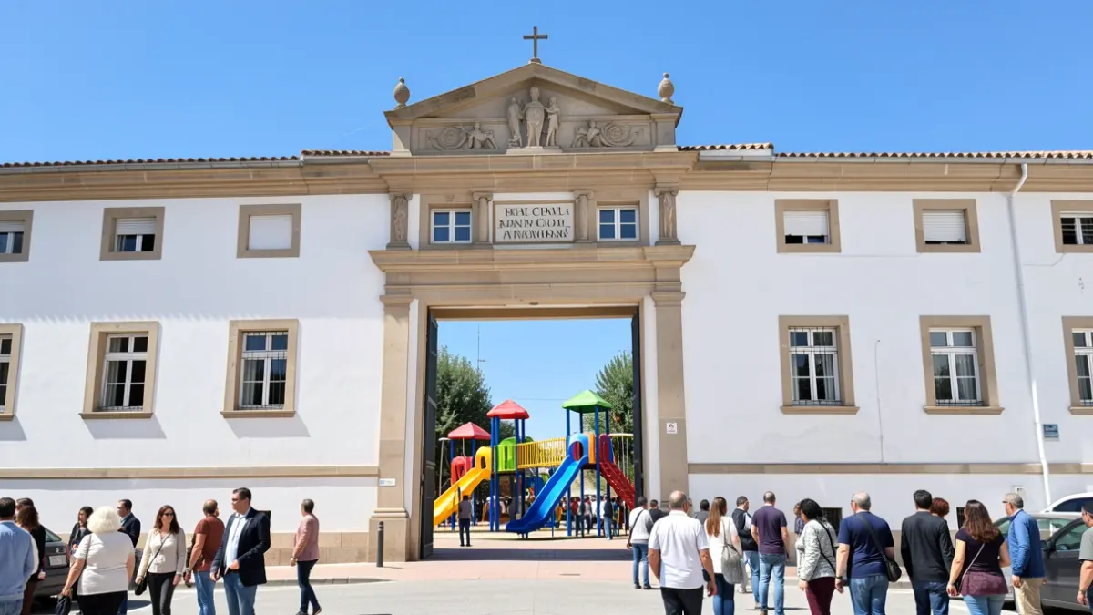 Facade of an Andalusian public school with white walls and colorful playground equipment visible through an open gate, bright midday sun, clear blue sky.