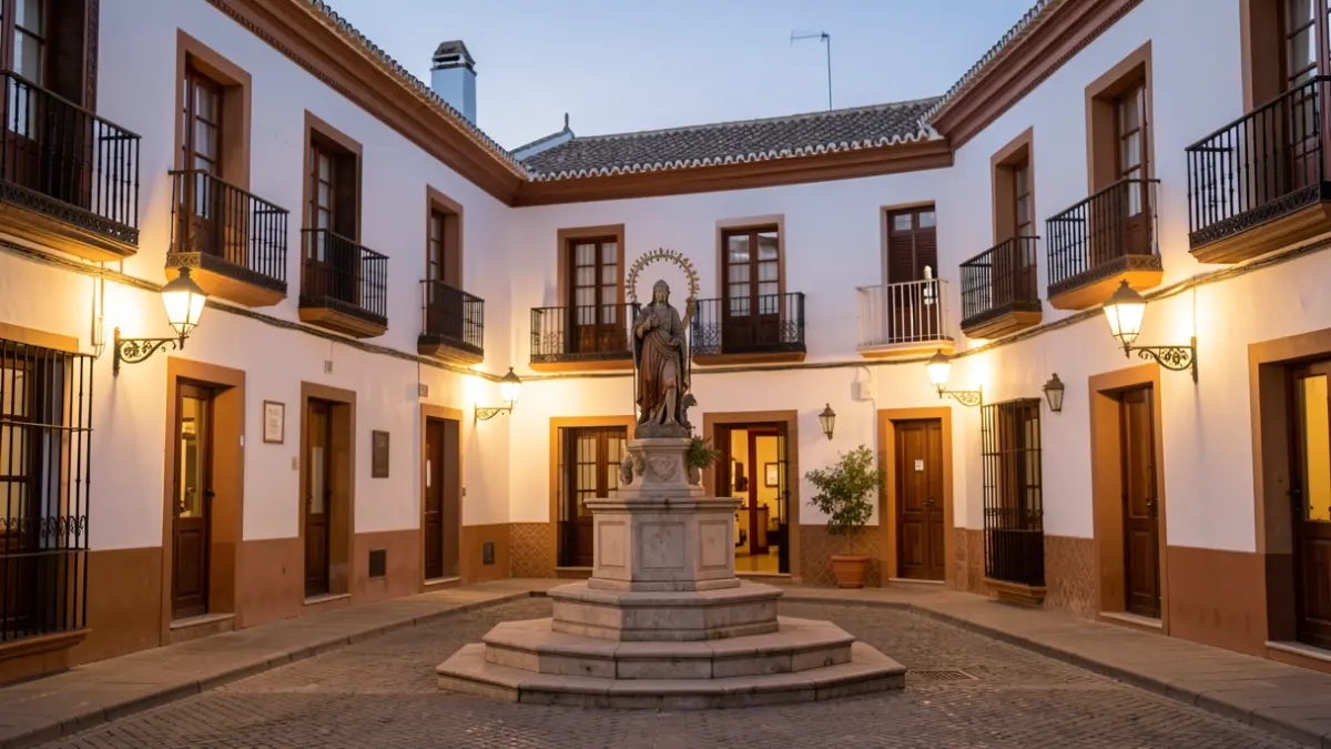 Plaza de un pueblo andaluz con edificios blancos y una estatua religiosa iluminada por farolas.