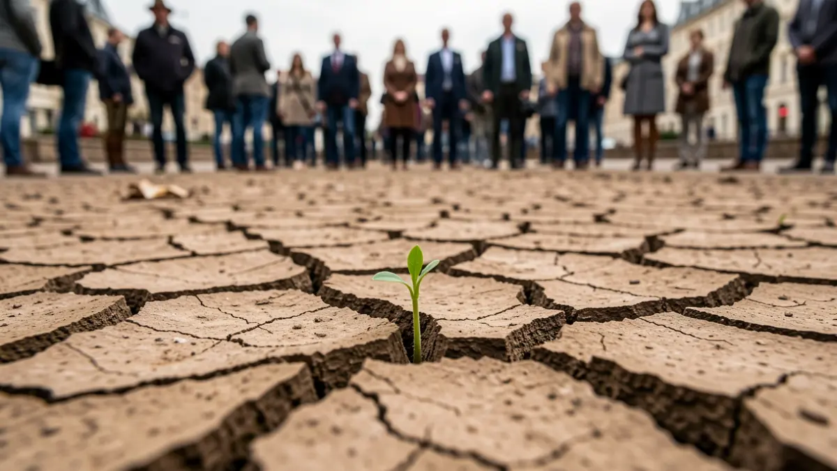 Generic image of cracked earth with a green sprout, symbolizing resilience after a natural disaster.
