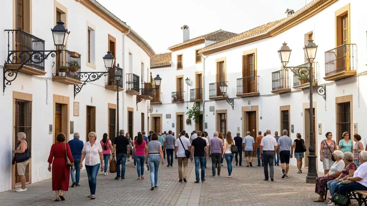 Square of an Andalusian municipality with traditional architecture and festive atmosphere.