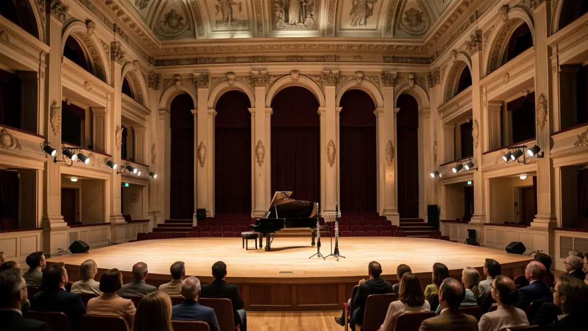 Generic image of the interior of an auditorium with a piano and a clarinet on stage.