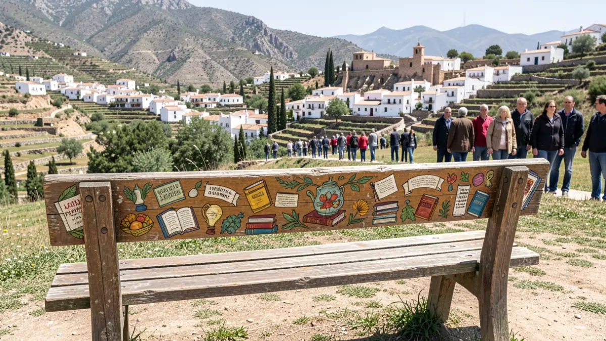 Banco pintado con motivos literarios en un paisaje de La Alpujarra.