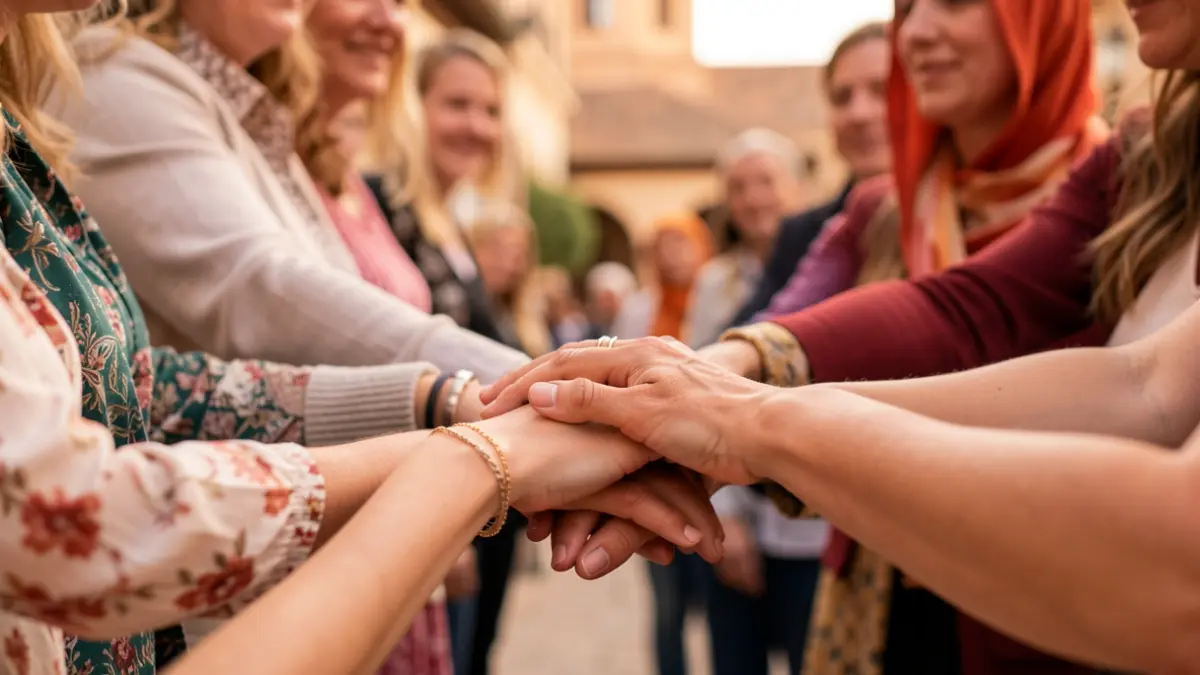 Manos de mujeres unidas en círculo, simbolizando apoyo y unidad.