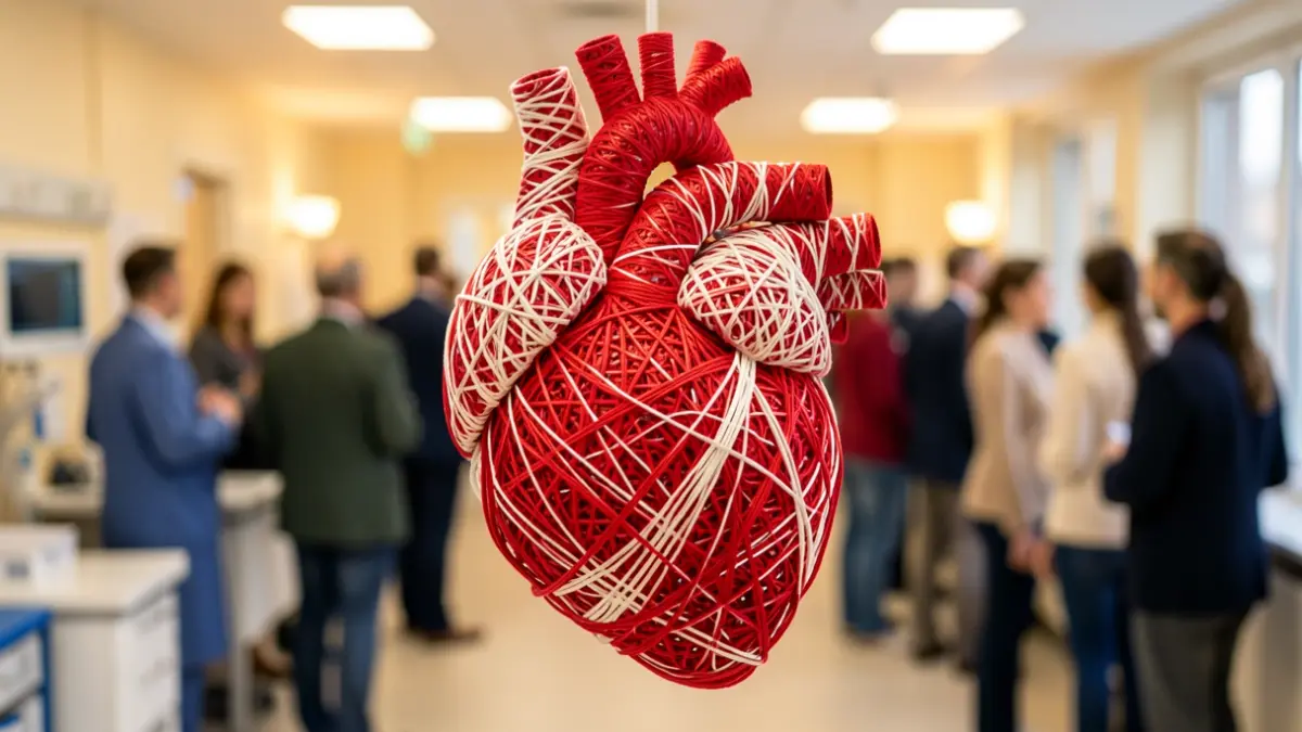 Stylized heart made of red and white threads, with a blurred medical background.
