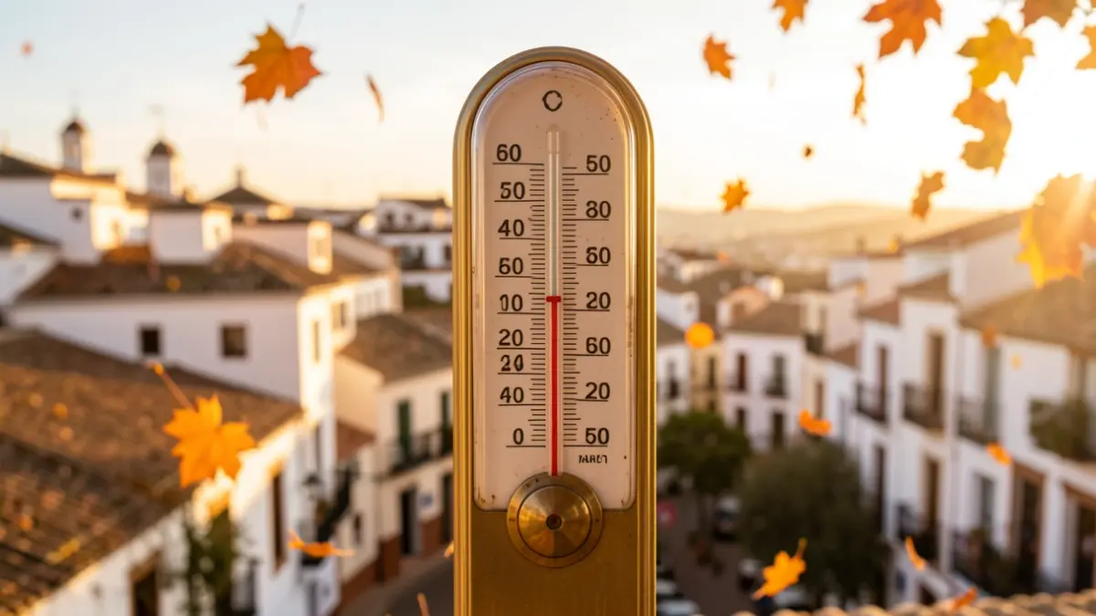 Termómetro mostrando alta temperatura en un paisaje urbano andaluz al atardecer, con hojas de otoño.