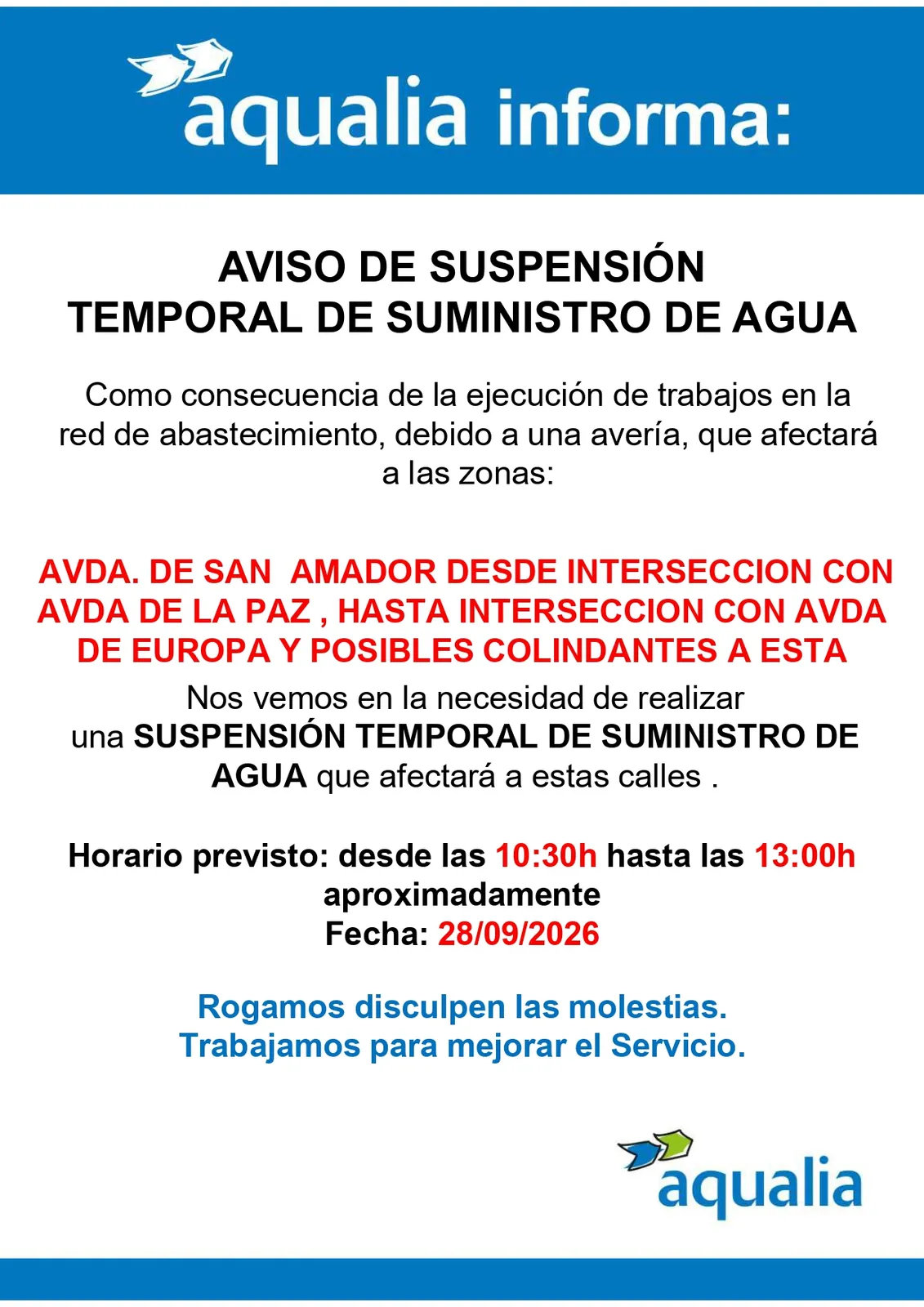 Corte temporal de agua en Martos por avería