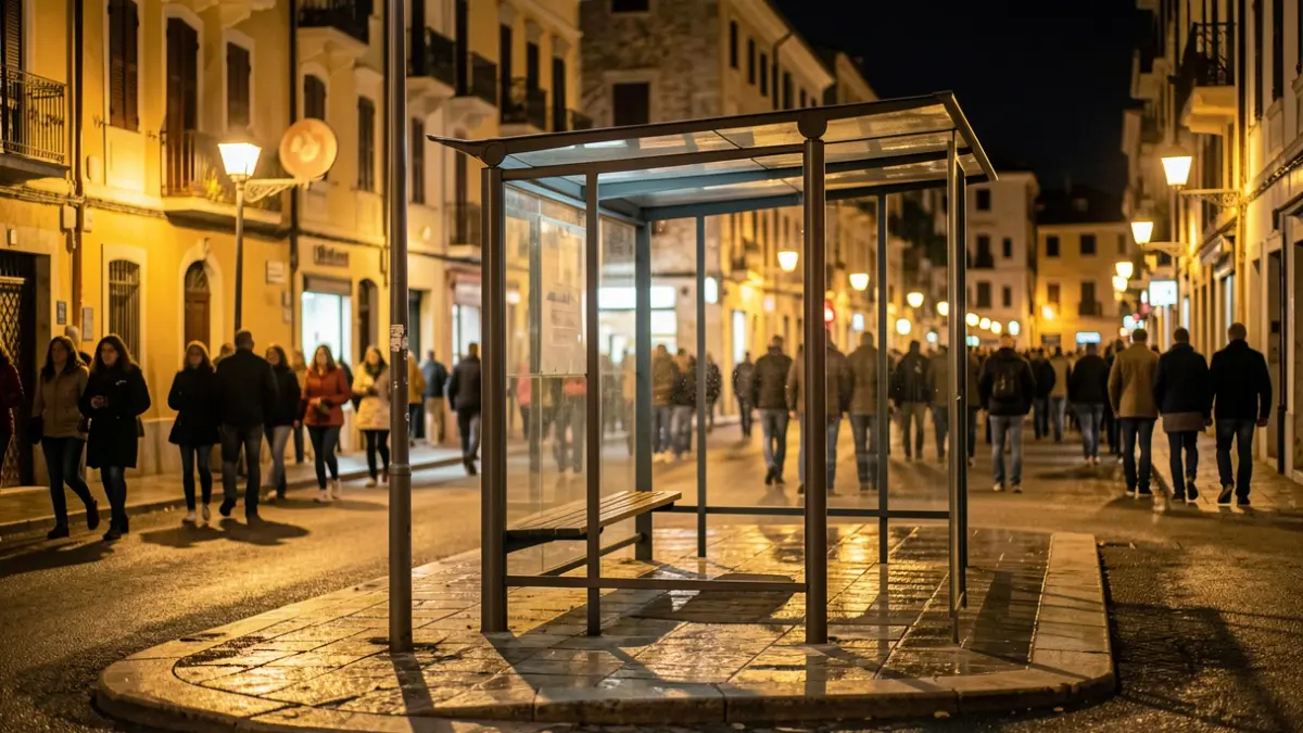 Imagen genérica de una parada de autobús urbana vacía durante la noche.