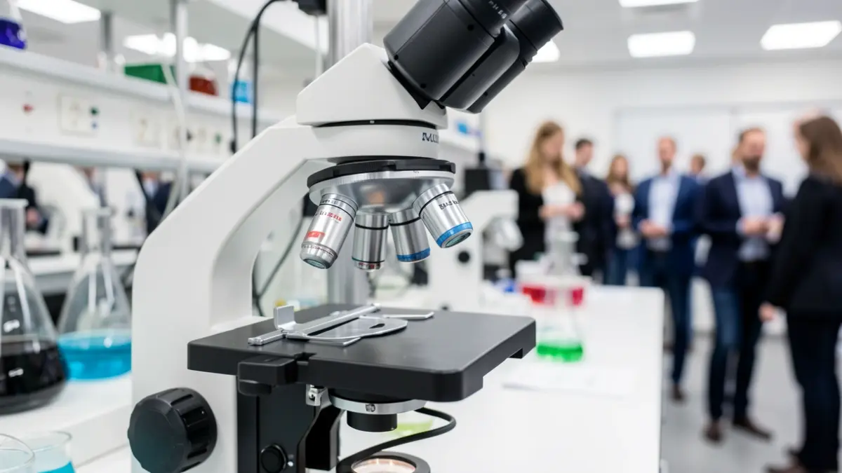 Laboratory microscope with out-of-focus scientific equipment in the background.