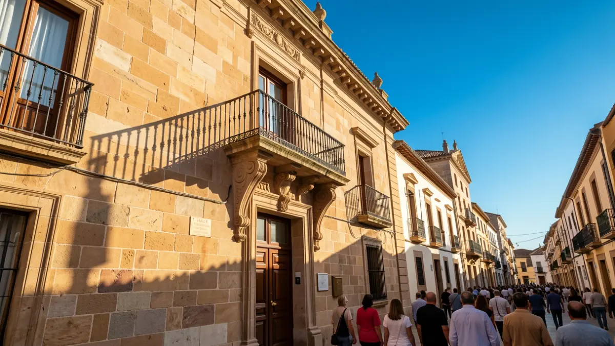 Fachada de un ayuntamiento andaluz con balcón y barandillas de hierro, luz de tarde.