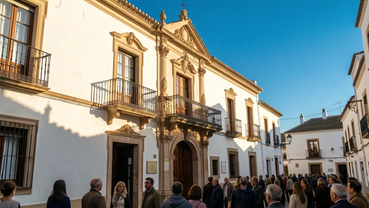 Facade of a white Andalusian town hall with a balcony and blue sky.