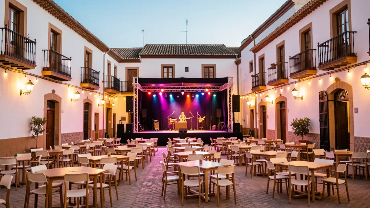 Plaza de la Constitución de Cúllar Vega iluminada por la noche, con un escenario preparado para una verbena.