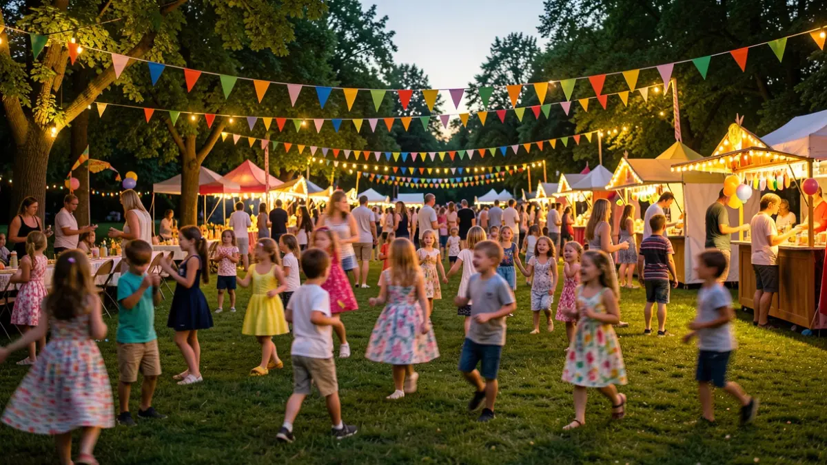 Generic image of a children's end-of-summer party in a park with festive decorations and children playing.