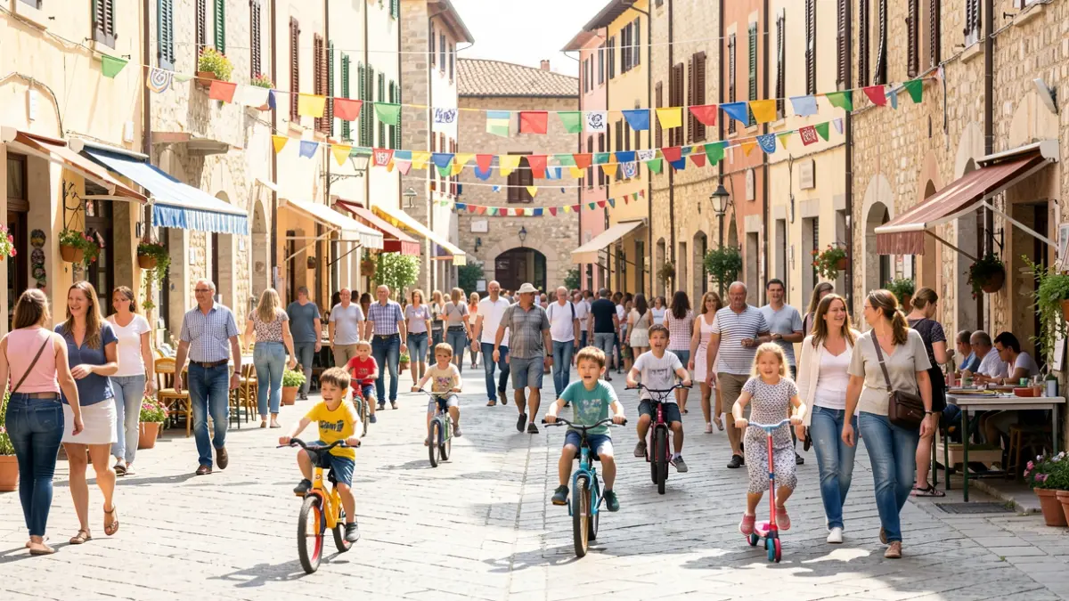 Imagen genérica de una plaza de pueblo mediterráneo con actividades de movilidad sostenible.