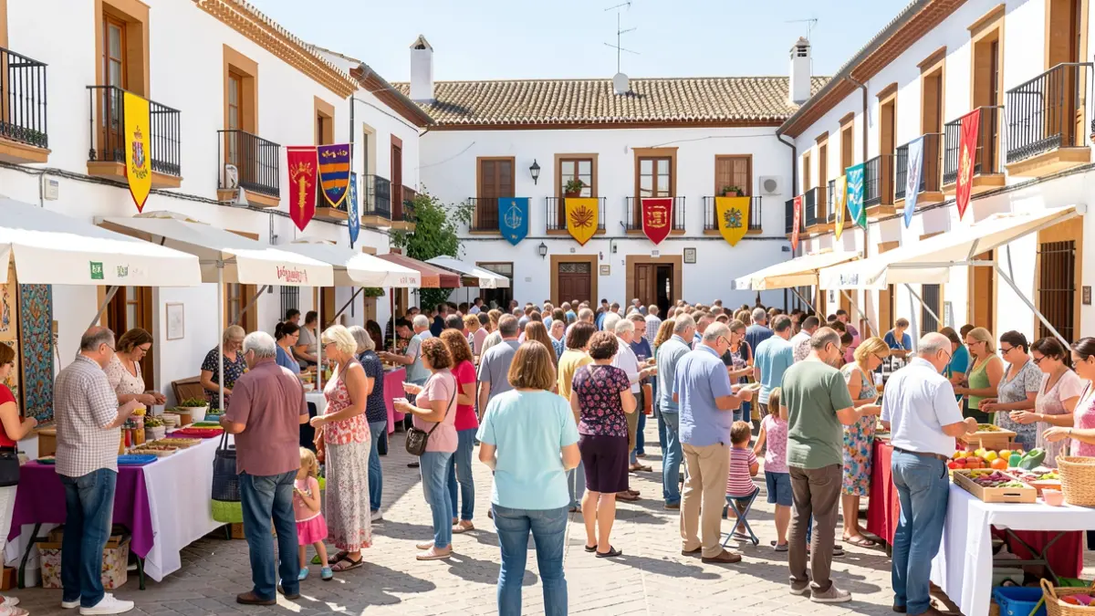 Generic image of a community fair in an Andalusian square with people participating.