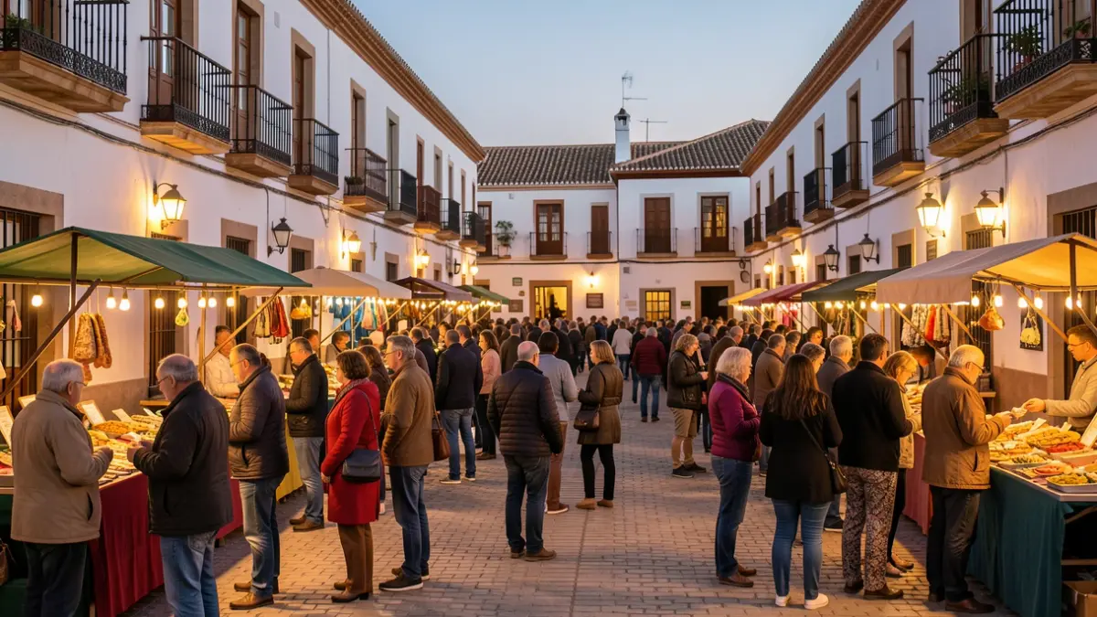 Cúllar Vega's Town Hall Square illuminated at night during the 'Noche en Blanco', with people enjoying the activities.