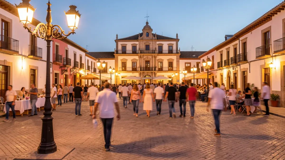 Plaza del Ayuntamiento de Cúllar Vega iluminada por la noche durante la Noche en Blanco, con gente disfrutando del ambiente.