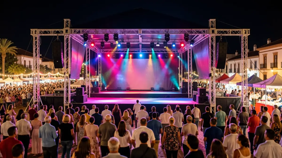 Night scene of a municipal stage during patron saint festivals with colorful lights and a blurred audience.