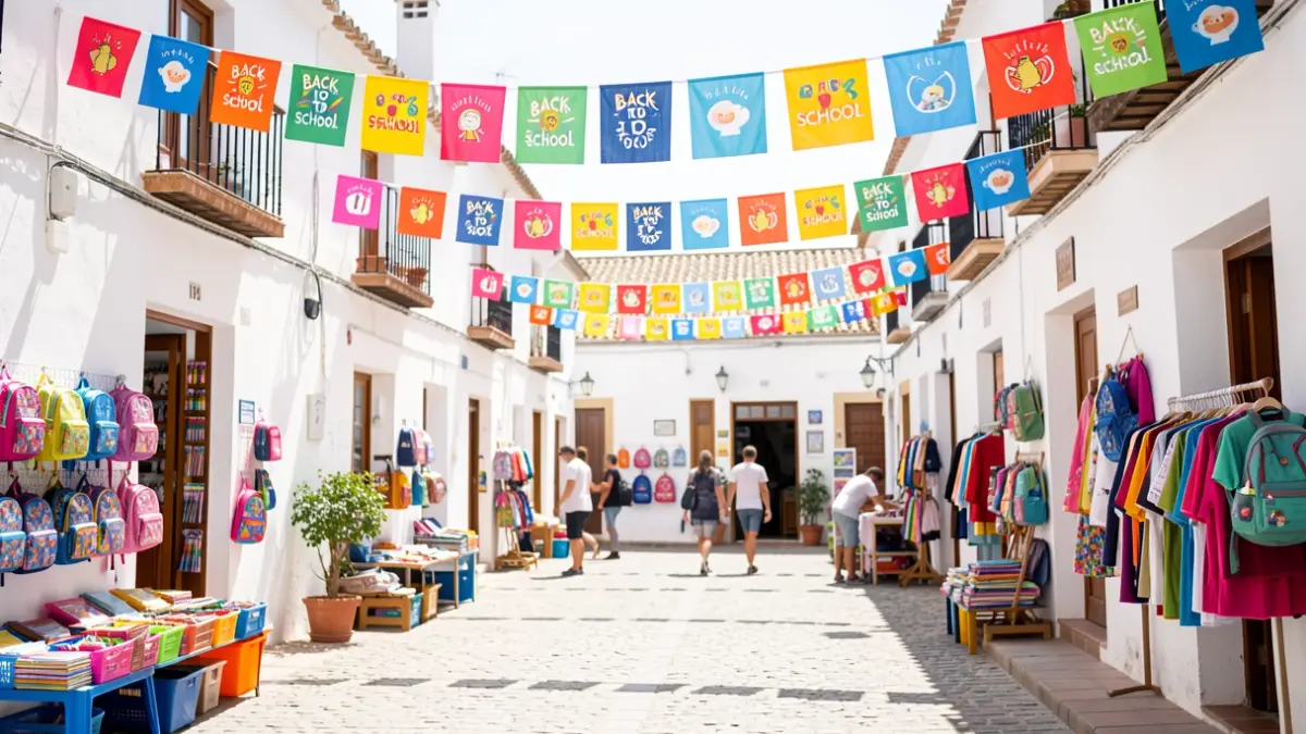 Image of a municipal 'Back to School' campaign in Cúllar Vega, with local shops decorated.