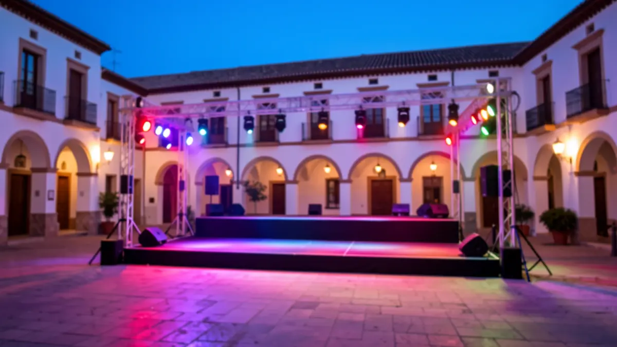 Outdoor festival stage at dusk in front of an Andalusian cultural center.