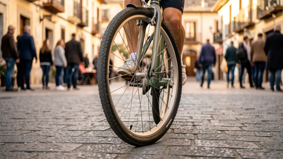 Generic image of a racing bicycle wheel on a road in Andalusia.