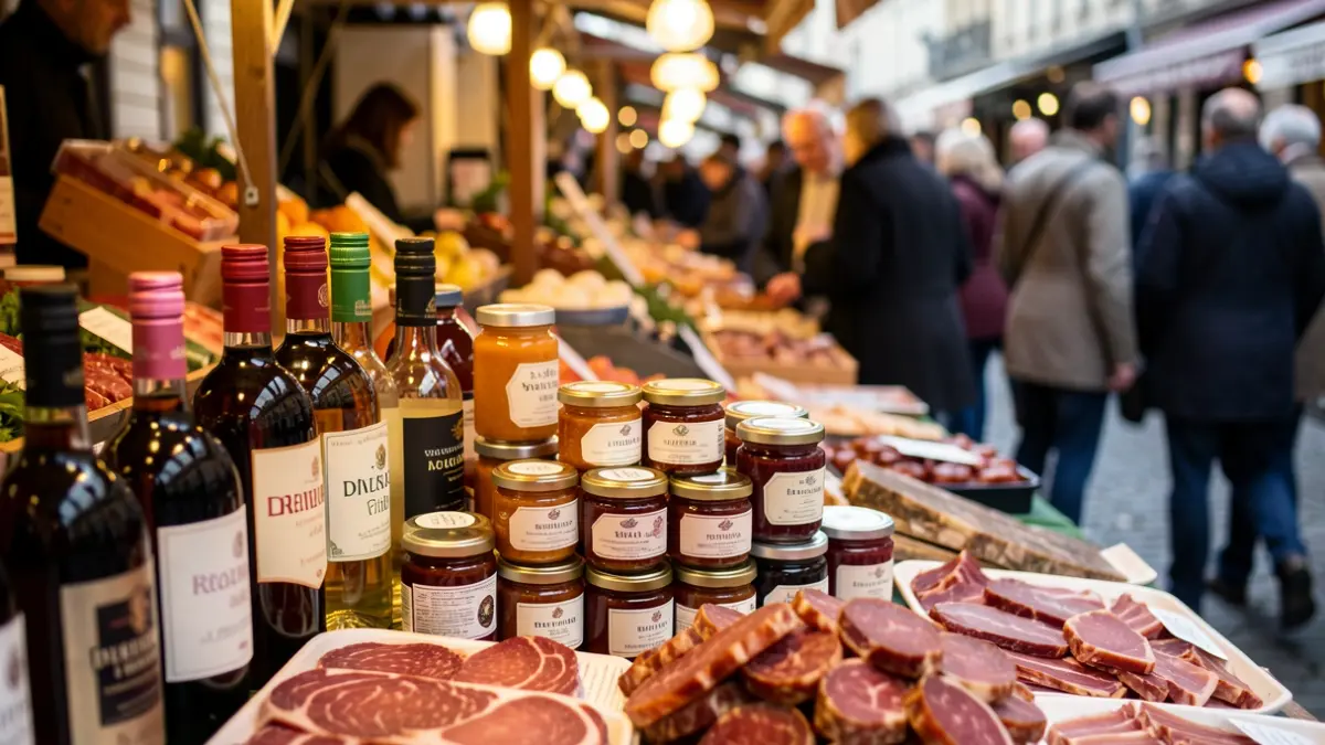 Imagen de productos gourmet expuestos en un mercado, incluyendo vermut y conservas.