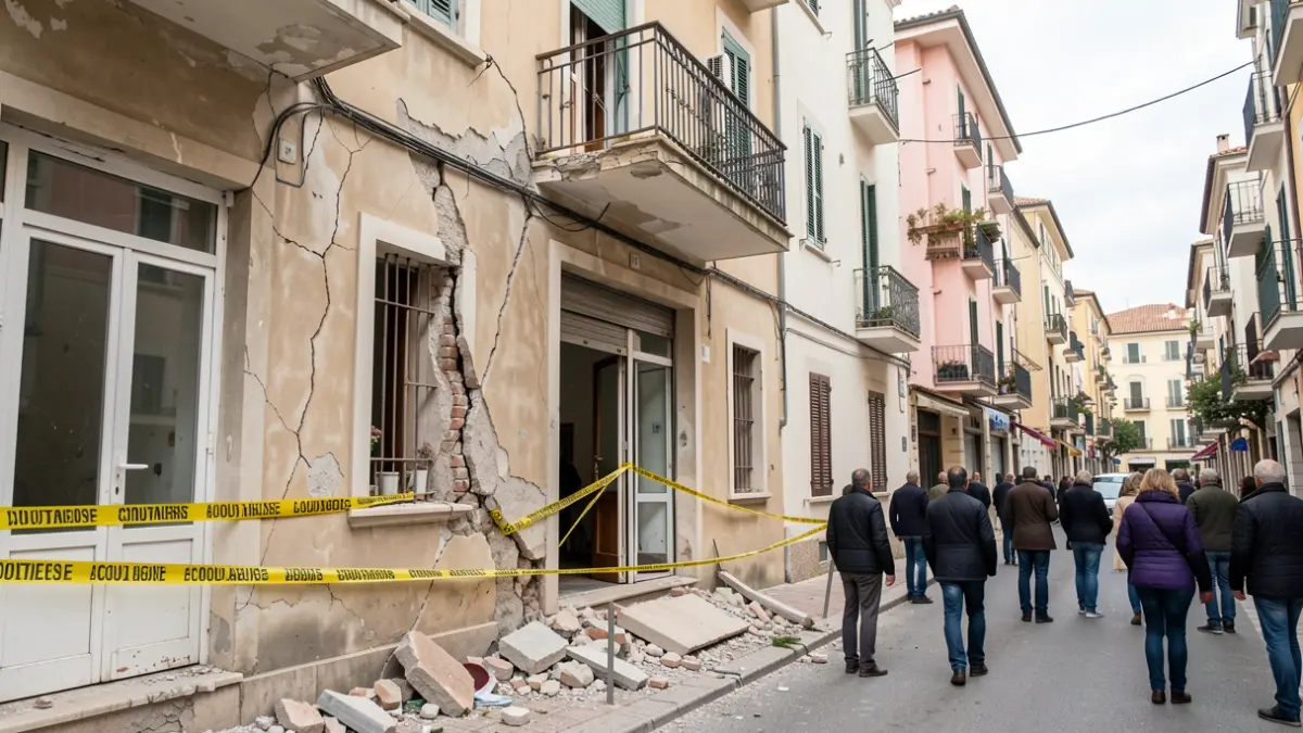 Damaged facade of an apartment building in the Zaidín neighborhood, Granada, after earthquakes.