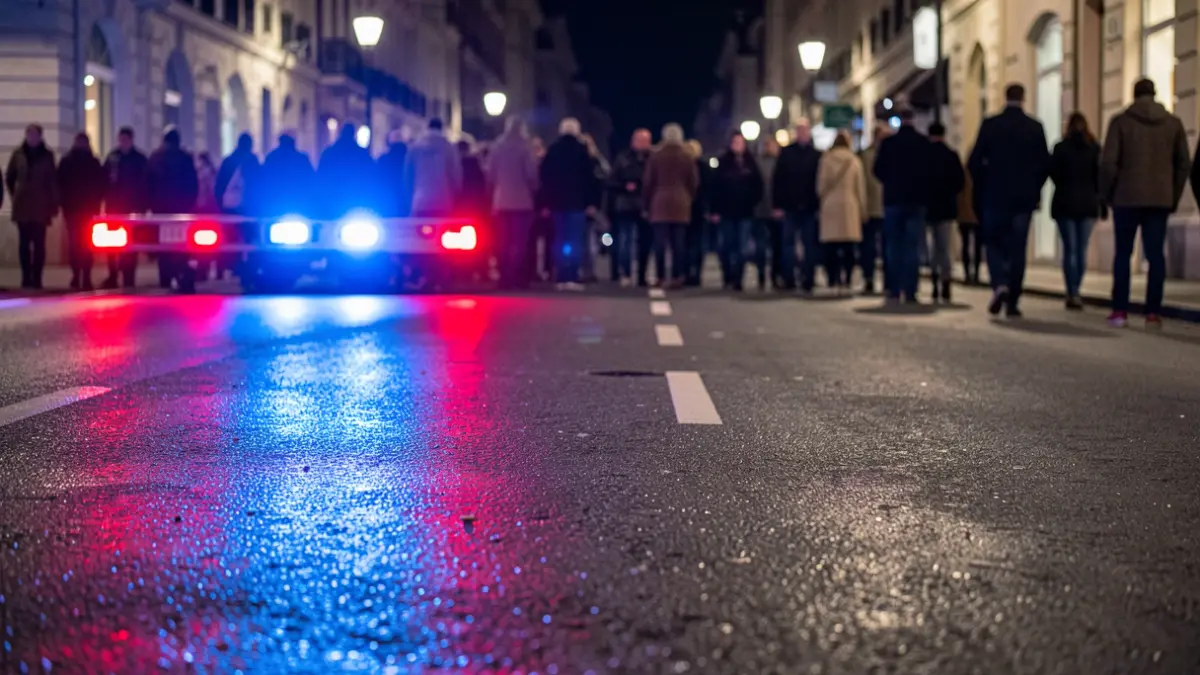 Imagen genérica de luces de emergencia policiales reflejándose en el asfalto mojado por la noche.