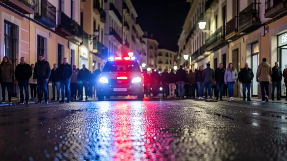 Imagen genérica de luces de emergencia policiales reflejándose en el asfalto mojado por la noche.