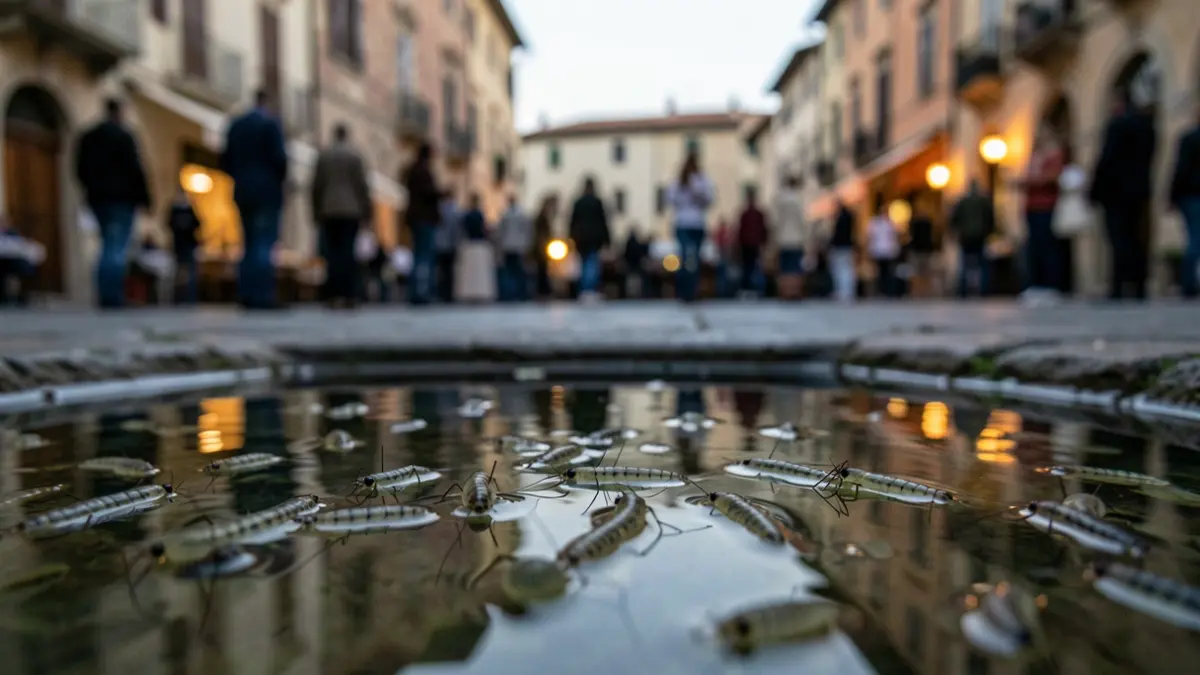 Primer plano de larvas de mosquito en agua estancada, con el fondo difuminado de una plaza de pueblo mediterráneo al atardecer.