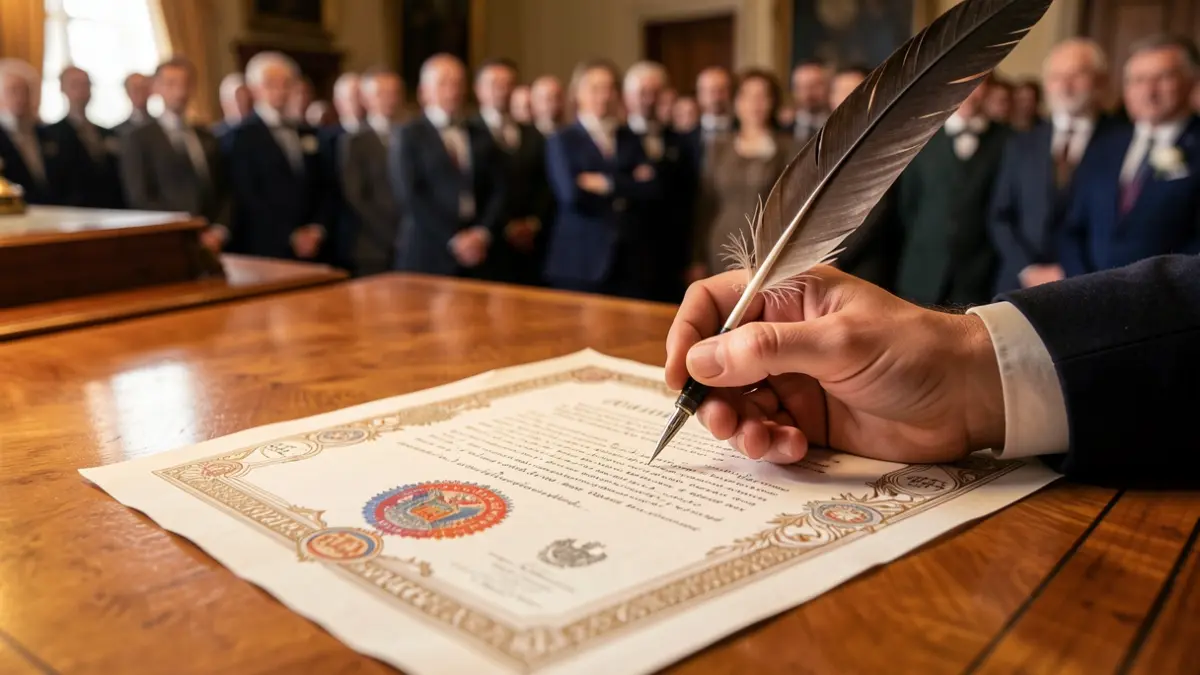 Primer plano de una mano con una pluma a punto de escribir en un documento oficial con sellos.