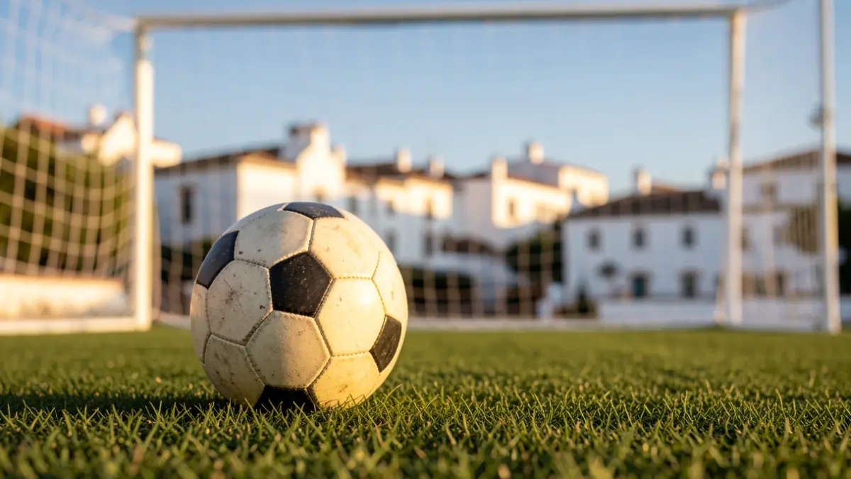 Imagen genérica de un balón de fútbol sobre césped con una portería desenfocada al fondo.