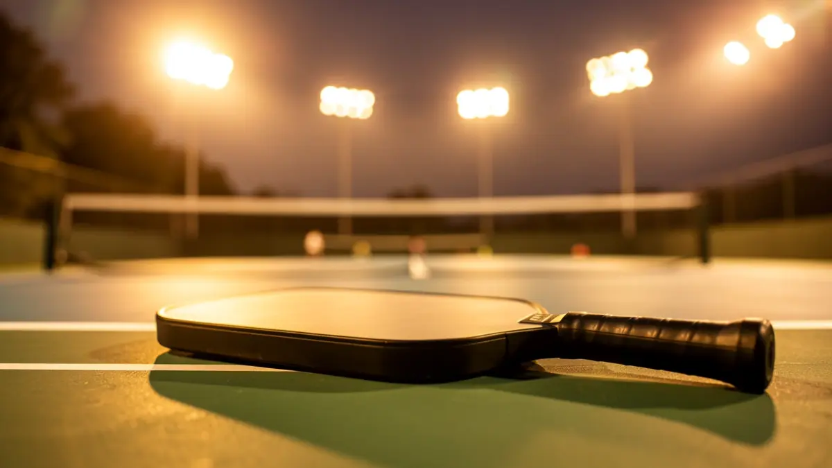Generic image of a pickleball paddle on a sports court.