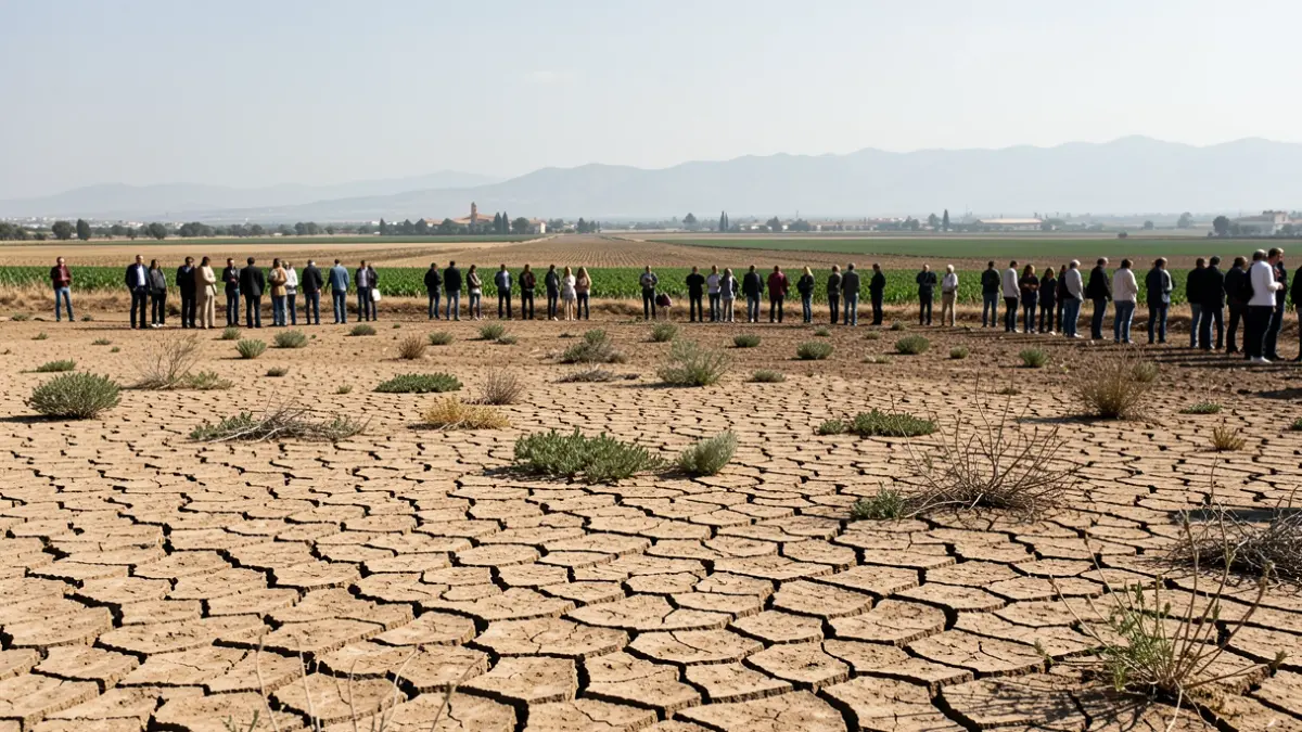 Imagen genérica de tierra agrietada y campos de cultivo bajo el sol, simbolizando la sequía y el riego ilegal en Andalucía.