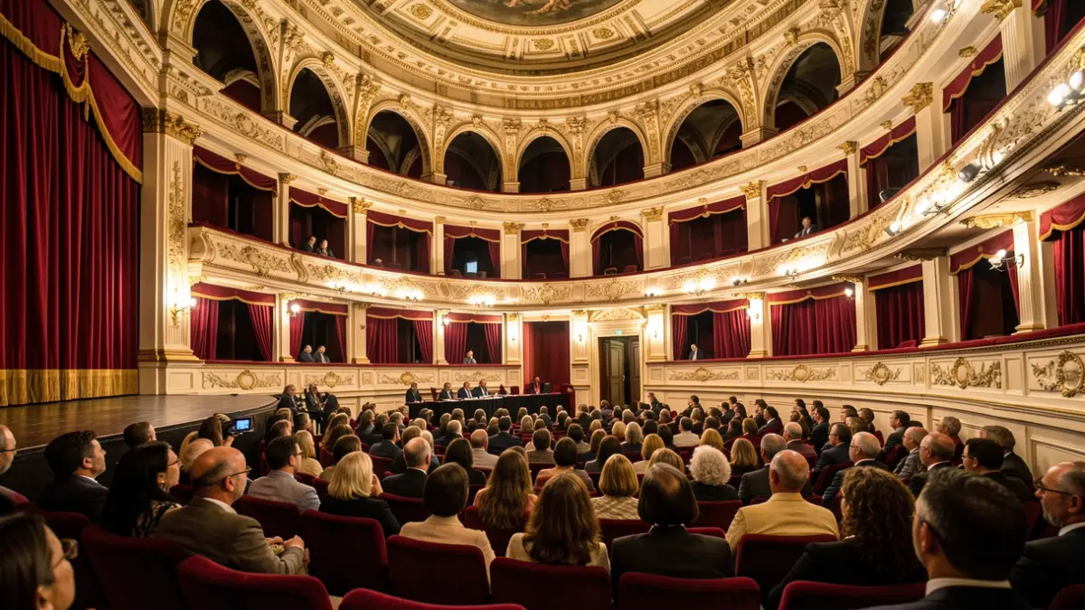 Interior del Teatro Darymelia en Jaén durante una representación teatral.