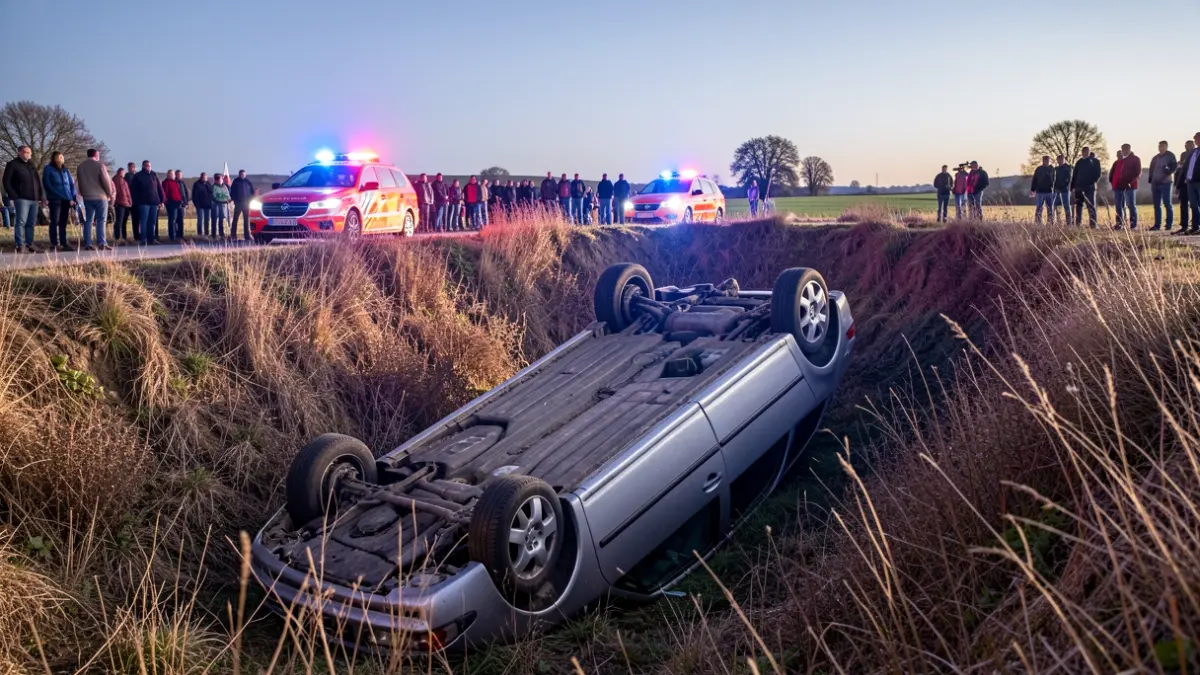 Accidented vehicle at the bottom of an embankment in Álora, with emergency lights.