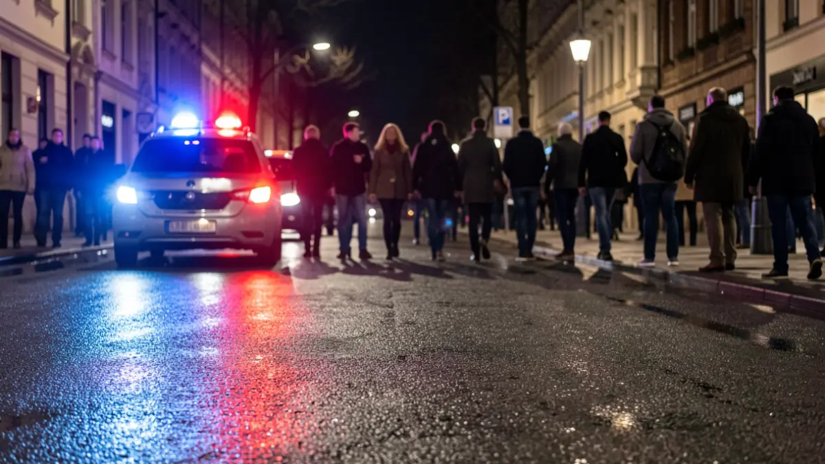 Imagen genérica de luces de emergencia policiales reflejándose en asfalto mojado.