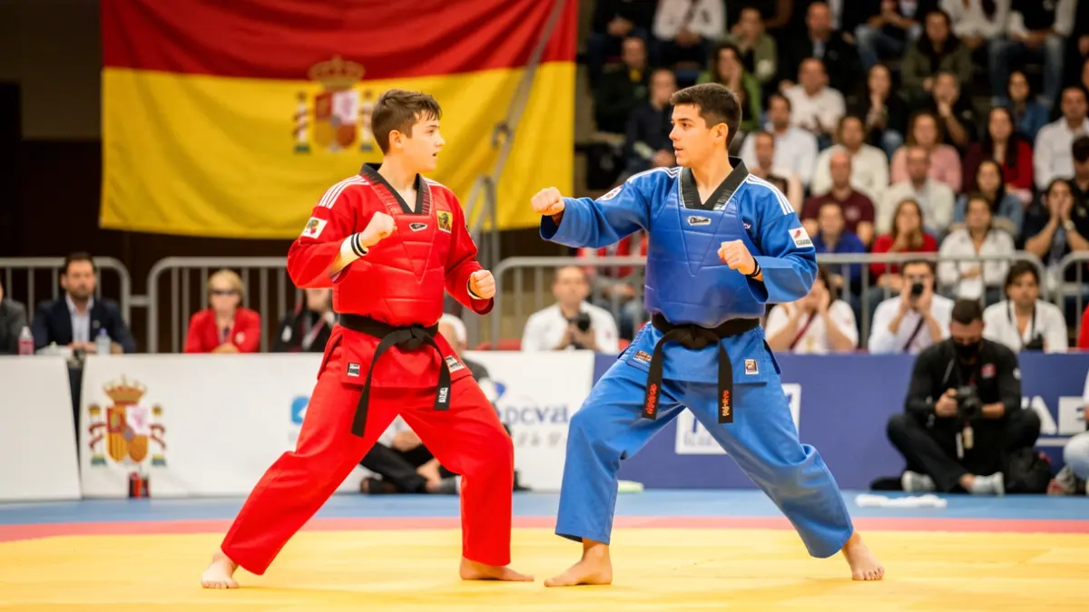 Two taekwondo athletes celebrating a medal at the Andalusian Championship.
