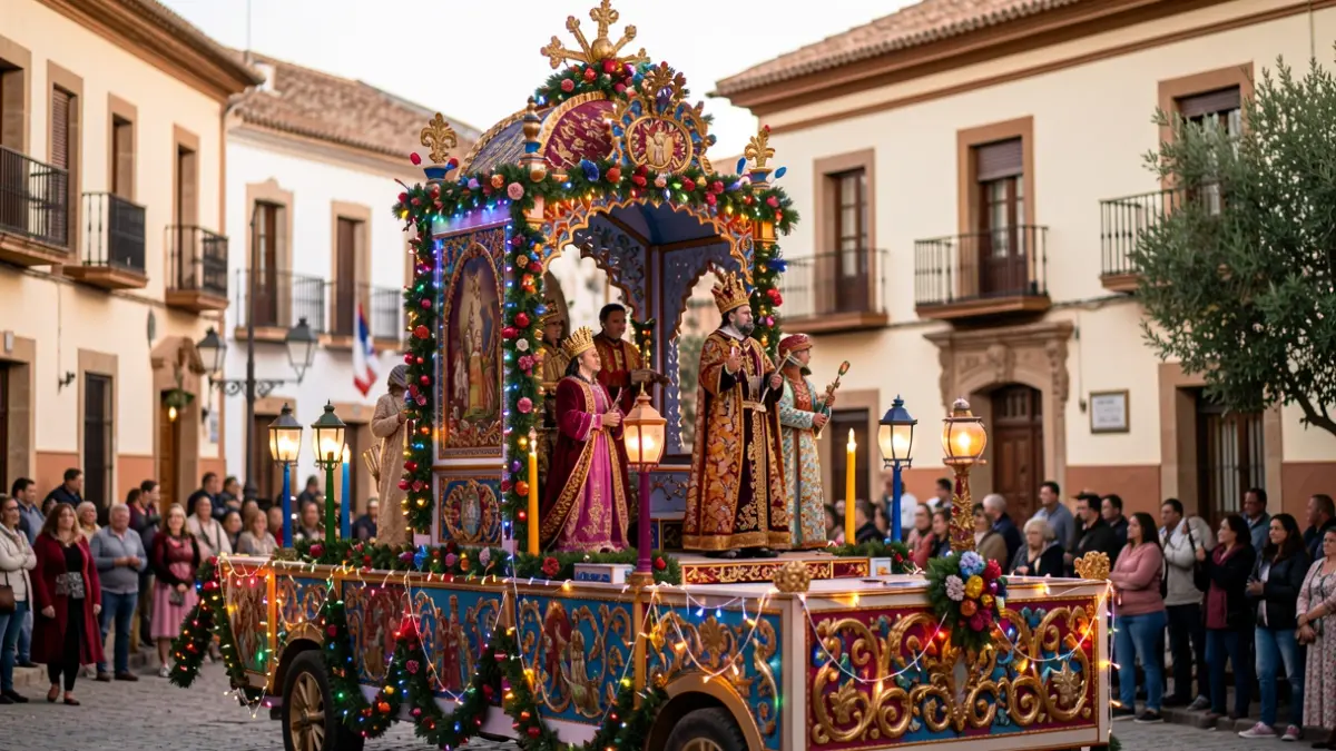 Three Kings' Day parade float in Écija with Andalusian architecture.