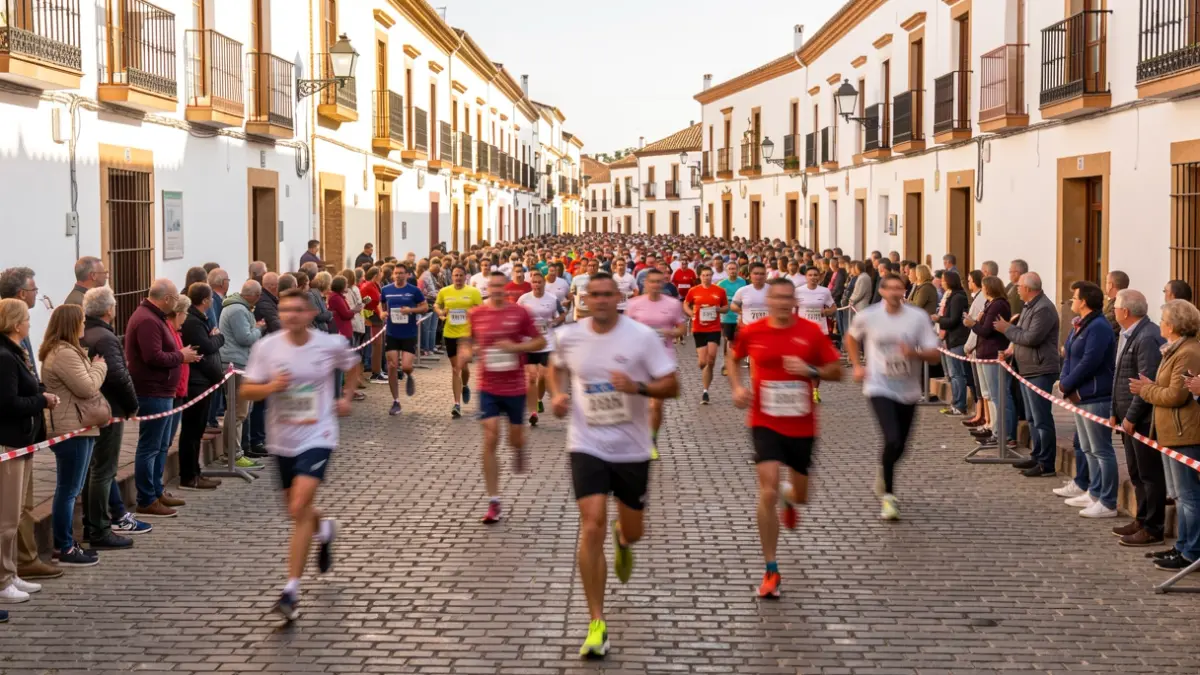 Imagen genérica de una carrera popular en una plaza histórica de Andalucía con gente y edificios blancos.