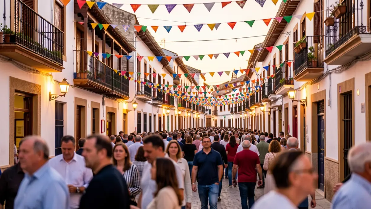 Imagen genérica de una fiesta popular en un pueblo andaluz con decoración y ambiente festivo.
