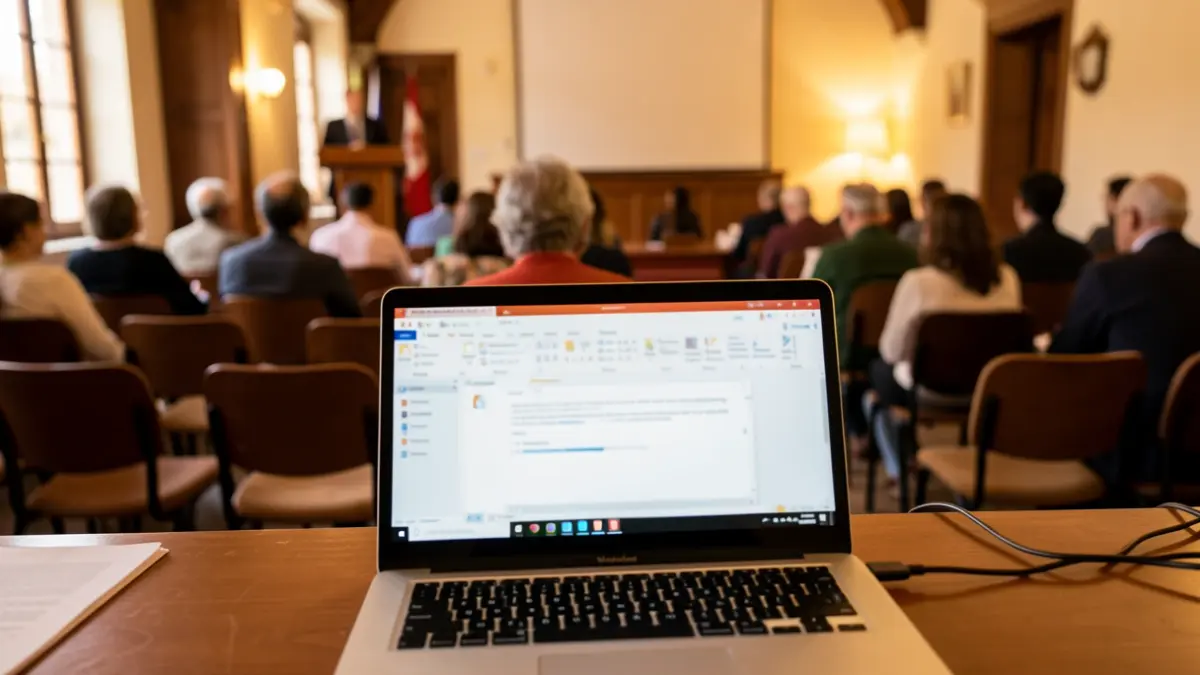 Imagen de una sala de formación informática en un ayuntamiento andaluz, con un portátil y sillas vacías.