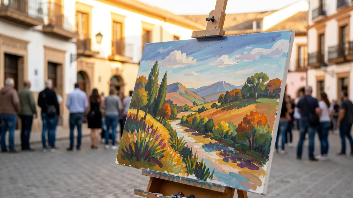 Close-up of a landscape painting displayed in an Andalusian town square, with local architecture blurred in the background.