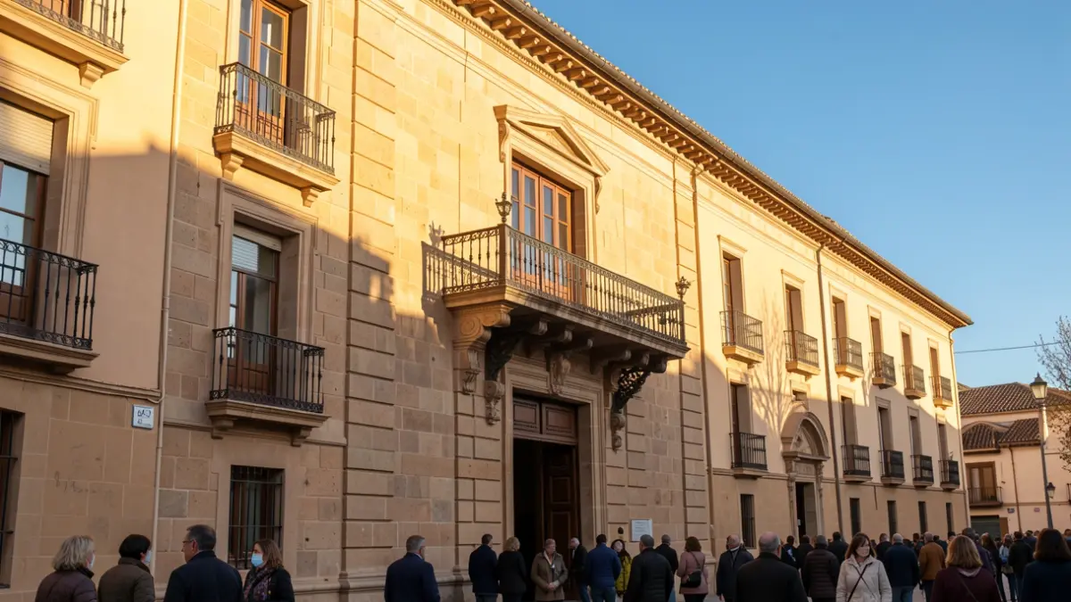 Facade of a traditional Andalusian town hall with a balcony and iron railings, under the afternoon sun.