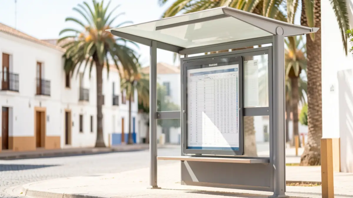Parada de autobús en un día soleado en un pueblo andaluz.