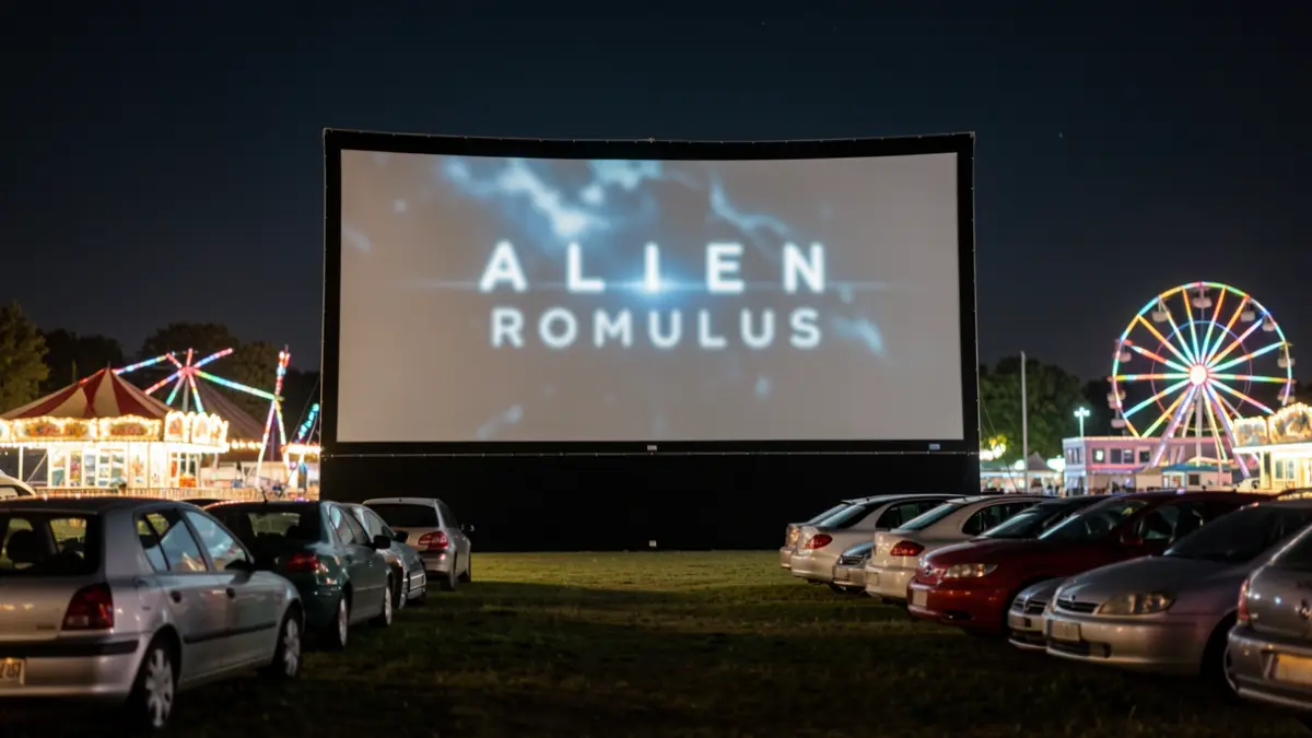 Pantalla de autocine al aire libre por la noche con la película 'Alien: Romulus' proyectándose. Coches aparcados y ambiente nocturno.