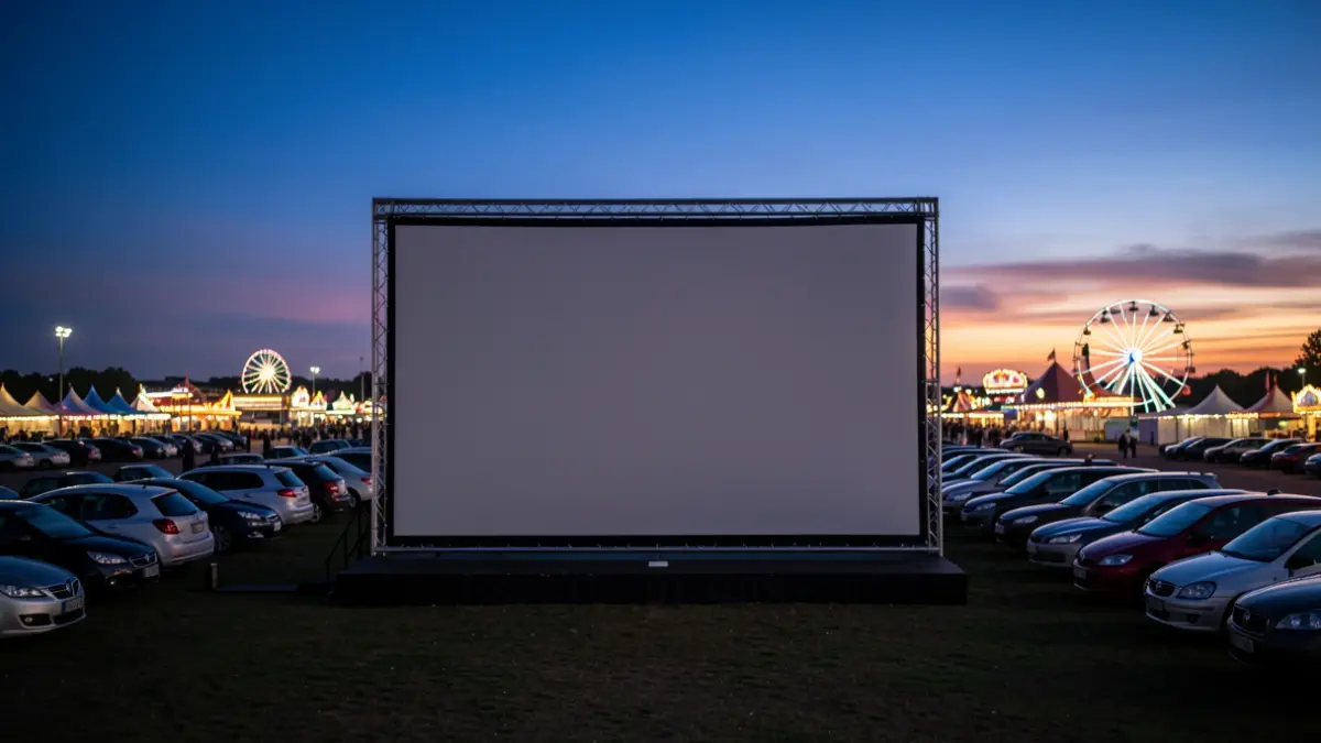 Pantalla de autocine vacía al atardecer en un recinto ferial.
