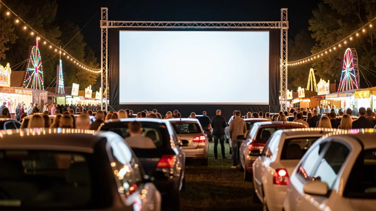 Pantalla de autocine al aire libre por la noche en un recinto ferial.