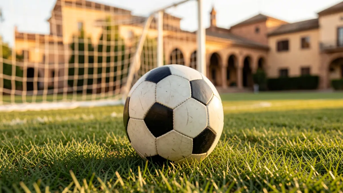 Generic image of a soccer ball on grass with a blurred goal net in the background.