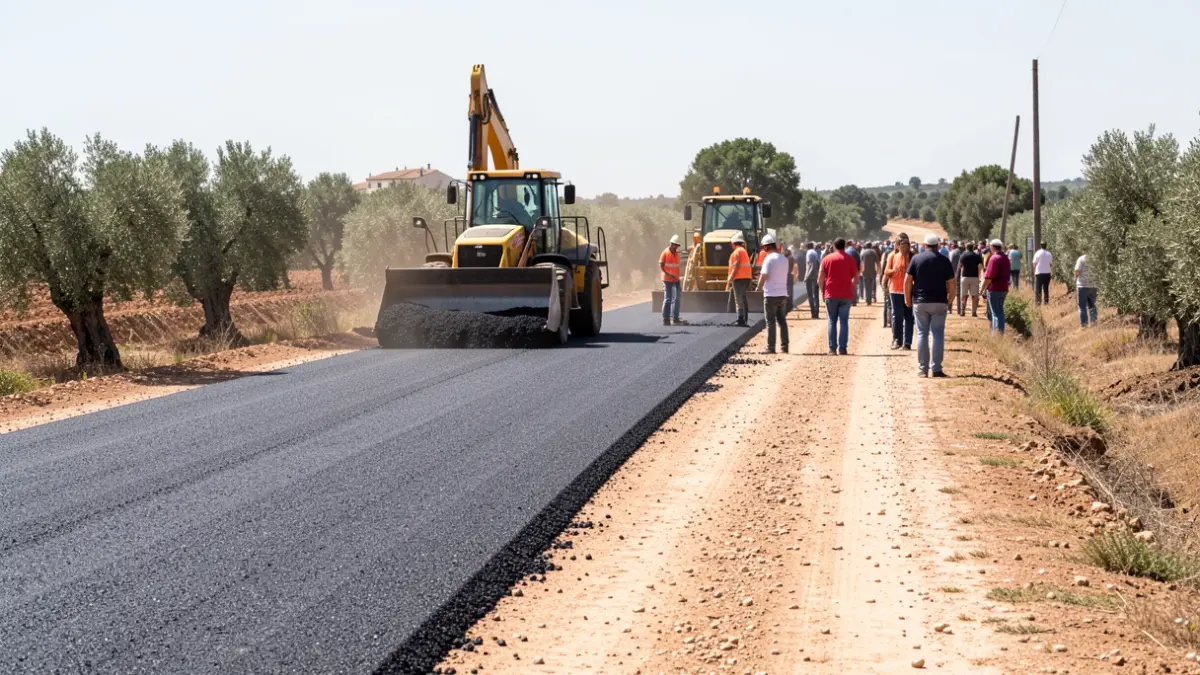 Image of asphalt paving work on a rural road in Andalusia.