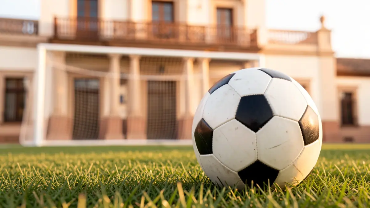 Generic image of a soccer ball on grass with a blurred goal net in the background and the facade of an Andalusian town hall.